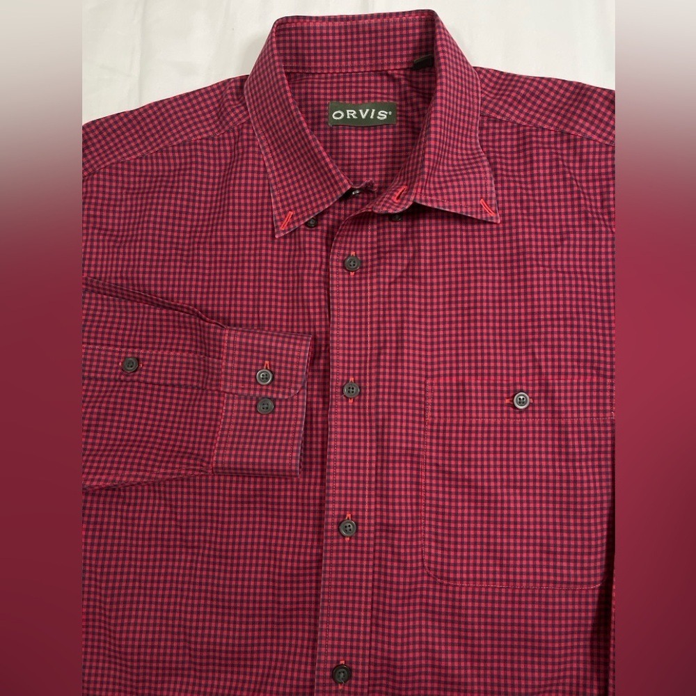 Orvis Red Black Micro Check Plaid Button Down Shirt Men's L Long Sleeve